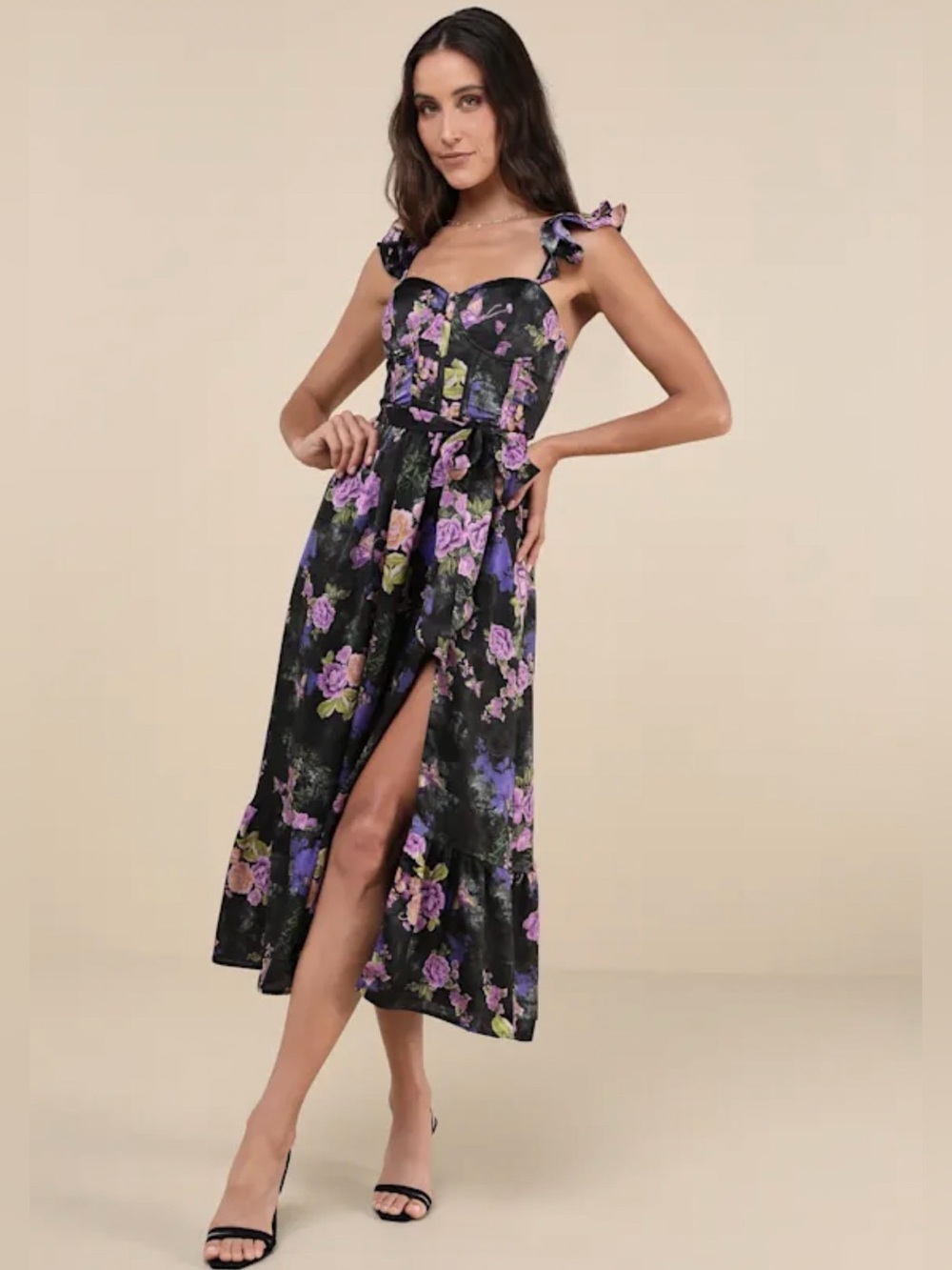 Luluβs Sweet Like Sangria Floral Ruffled Bustier Midi Dress XS